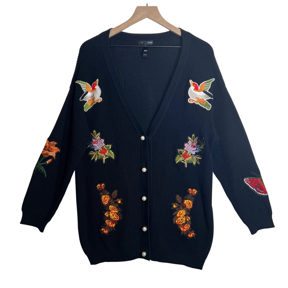 AQUA Black Embroidered Butterfly Bird Floral Cardigan Pearl Button Sweater Large